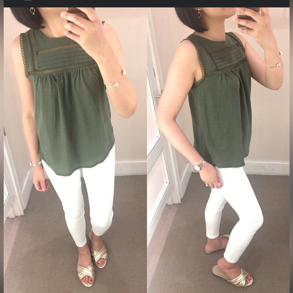 Loft Olive Green Sleeveless Top - embroidered lace trim, babydoll cut - Picture 1 of 10